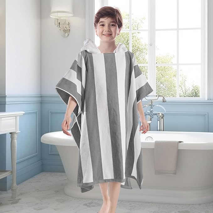 VOOVA & MOVAS Big Kids Poncho Towel with Hood - Teens Hooded Pool Towel Poncho (8-16Years), Large and Absorbent Cotton - Versatile for Beach, Pool, Swim, and Bath, Grey Cabana Stripe