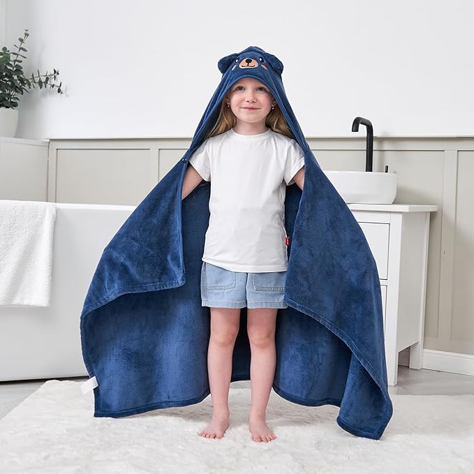 Hiturbo Kids Animal Hooded Towel: Soft Plush Fleece Blanket - 50"x30" Swim Cover Up - Pool Beach Bath Towel Wrap for 3-12 Yrs (Navy Bear)