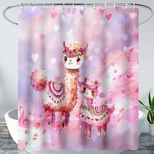 AILONEN Kawaii Llama Shower Curtain for Kids Girls,Watercolor Llama Alpaca Theme Bath Curtain,Boho Llama Hearts Print Pink Shower Curtain Waterproof for Bathroom with 12 Plastic Hooks, 72" W*96" H