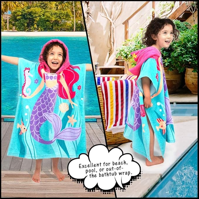 Toddler Hooded Beach Towel Coverup Cape Kids 100% Cotton Soft Quick Dry Absorbent Use for Swim Pool Bath Poncho Towels for 3 to 8 Years Old Children Size 24"x 55" in Full-Length (Mermai Pattern)