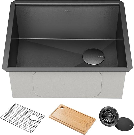 KRAUS Kore 23 Inch Drop-In Undermount Workstation 16 Gauge Stainless Steel Single Bowl Kitchen Sink n PVD Gunmetal Finish with Accessories, KWU1111-23-PGM