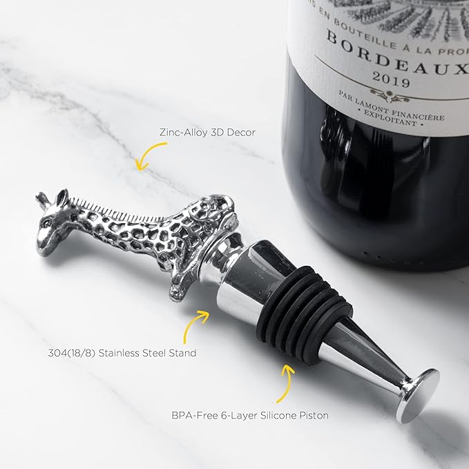 Homestia Wine Bottle Stoppers for Glass Bottles, Giraffe Bottle Stopper Reusable Wine Corks Wine Tool, Zinc-Alloy Silicone Wine Stoppers, Wine Toppers with Decors