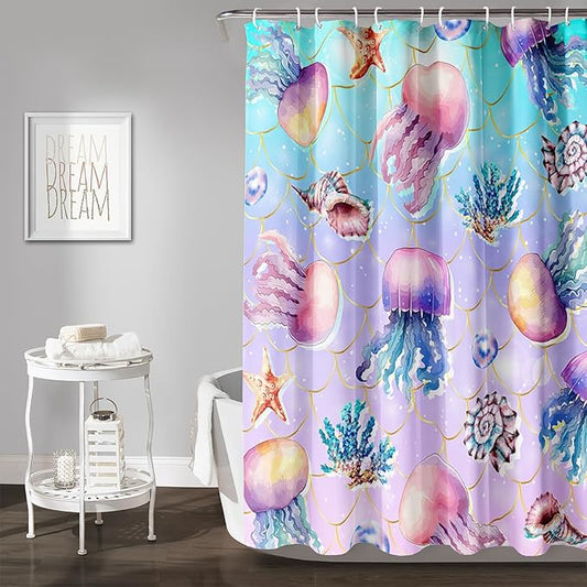 AILONEN Ocean Jellyfish Shower Curtain for Bathroom, Cute Jellyfish Mermaid Printed Bathroom Curtain,Girls Women Kids Coral Bath Curtain 72"W*78"H Polyester Waterproof Bathroom Curtain With 12 Hooks