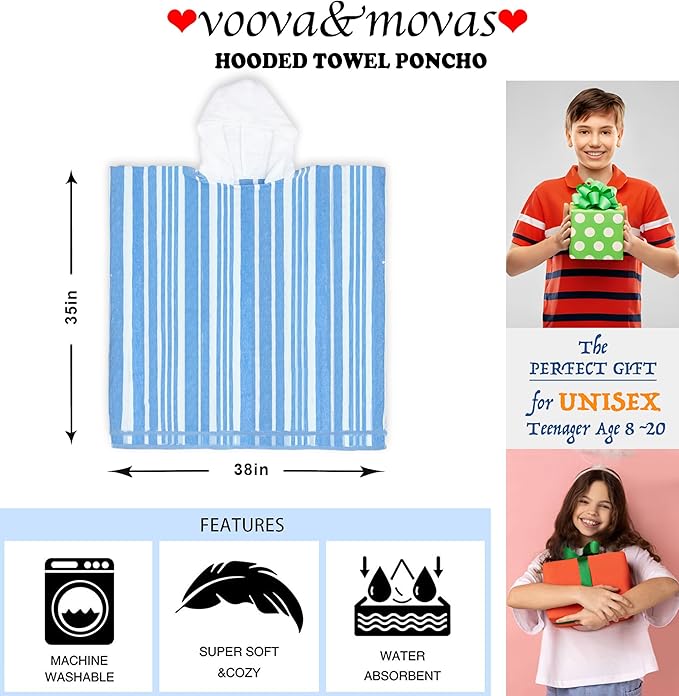 VOOVA & MOVAS Big Kids Poncho Towel with Hood - Teens Hooded Pool Towel Robe (8-16Years), Large and Absorbent Cotton - Versatile for Beach, Pool, Swim, and Bath,Light Blue Stripe