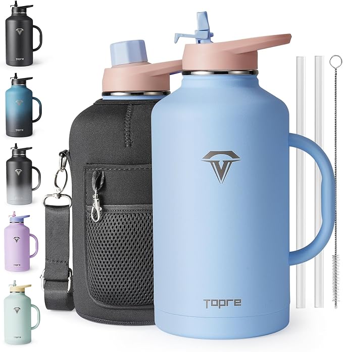 64 oz Insulated Water Bottle with Straw and Lid, Half Gallon Stainless Steel Cup with Handle,Leakproof Metal Travel Jug Flask Mug Tumbler Cup With Carry Pouch and Brush,Keep Cold & Hot,Blue
