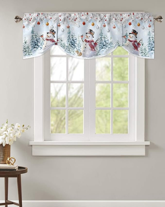 Snowman Blackout Tie Up Valance Curtains for Kitchen Windows Blue Merry Christmas Tree Red Balls Squirrel Window Toppers Balloon Shades for Living Room/Bathroom/Bedroom,1 Panel, 60" X 18", Winter