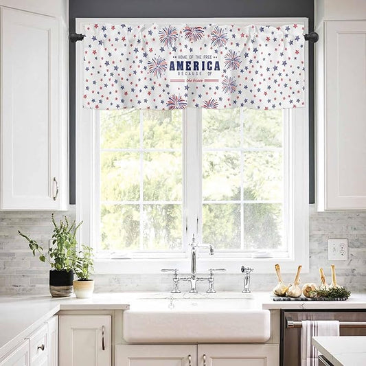 Vandarllin 4th of July Kitchen Curtains Valances for Windows Patriotic America Stars Fireworks Rod Pocket Window Treatment for Kitchen/Living Room/Bedroom/Bathroom, 42" X 18", Red White Blue