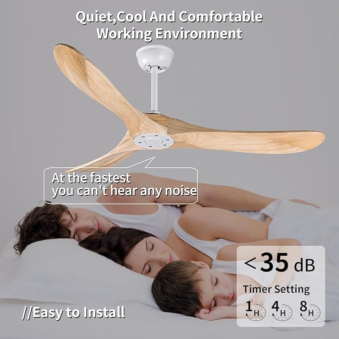 Bigzone 52" Modern Ceiling Fan No Light, DC Motor Energy Saving, 3 Solid Wood Blades, Outdoor Ceiling Fan With Remote Control,Reversible Blades
