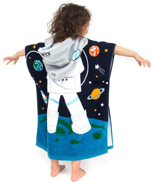 Toddler Hooded Beach Towel Coverup Cape Kids 100% Cotton Soft Quick Dry Absorbent Use for Swim Pool Bath Poncho Towels for 3 to 8 Years Old Children Size 24"x 55" in Full-Length (Astronaut Pattern)