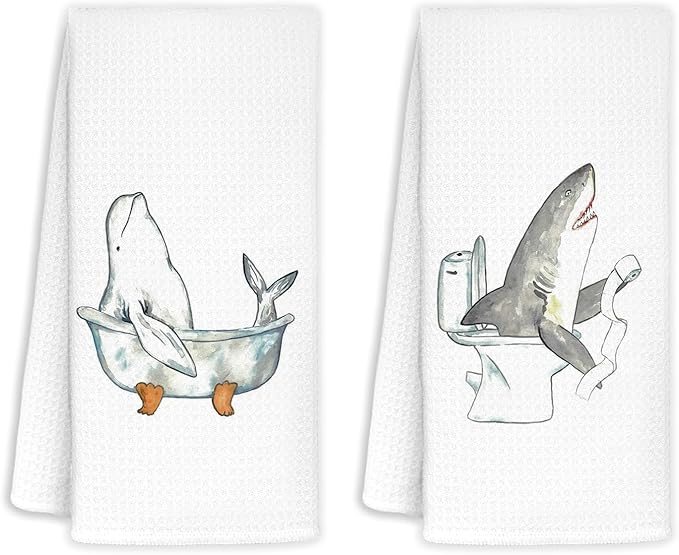 Shark Hand Towels for Bathroom Set of 2 - Shark Bathroom Decor, Coastal Beach Hand Towels, Shark Gifts for Shark Lovers, Coastal Bathroom Decor, 16x24