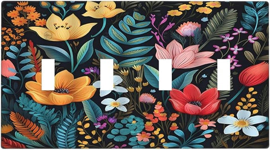 Boho Floral Vintage Flower Leaves Rustic Wildflower Plants Quad Toggle Light Switch Covers 4 Gang Wall Plate Decorative Switchplate Electrical Faceplate for Country Bathroom Bedroom Kitchen Decor