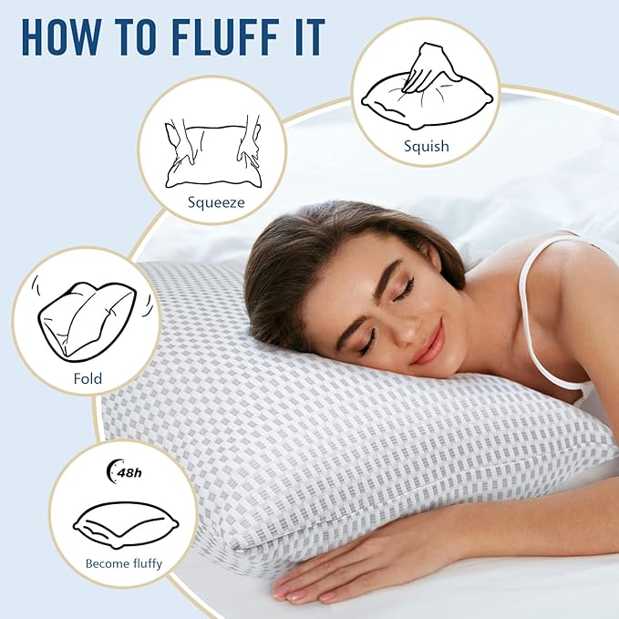 Shredded Memory Foam Pillows, Queen Size Bed Pillows for Sleeping 2 Pack,Washable Removable Cover,Pillows Suitable for Stomach,Back and Side Sleepers.