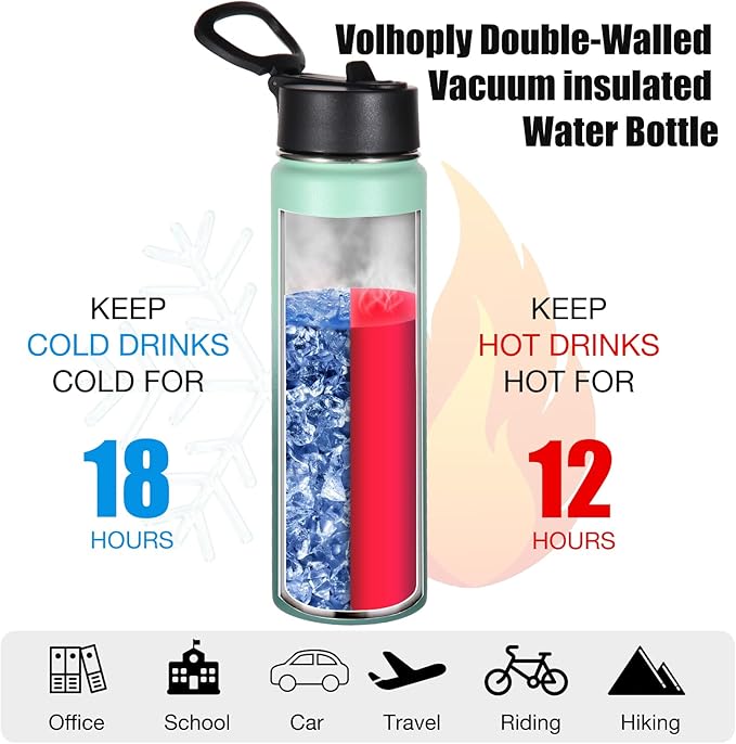 Volhoply 24oz Insulated Water Bottle With Straw Bulk 6 Pack,Metal Wide Mouth Water Bottles With Handle Lid Keep Cold,Reusable Double Wall Thermos,Powder Coated Sport Bottle For Holder(Mojito,6 Count)