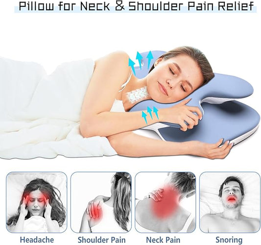 Cervical Neck Pillow for Pain Relief - Contour Memory Foam Pillows with Cooling Pillowcase, Neck Support Pillows for Sleeping, Ergonomic Orthopedic Pillow for Side, Back, Stomach Sleepers (Blue)