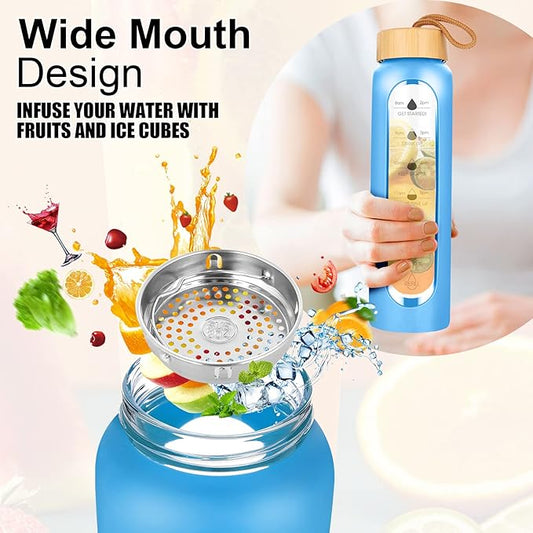 32 Oz Borosilicate Glass Water Bottle with Times to Drink | BPA Free - Reusable Wide Mouth Glass Motivational Water Bottles with Infuser & Silicone Sleeve (azure)