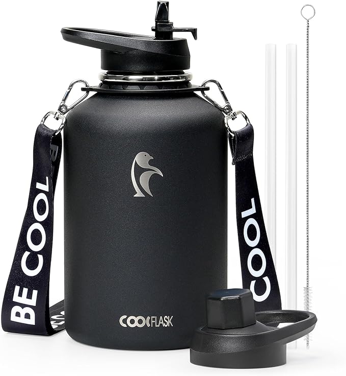 Coolflask 64oz Insulated Water Bottle with Strap, Half Gallon Large Water Jug with Straw & Spout Lids, Double Wall Stainless Steel Metal Flask, Keep Cold 48h Hot 24h, Leak Proof&Non-BPA, Magic Black