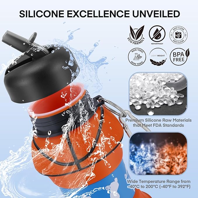 Kids Sports Collapsible Water Bottle | Ball Shaped Drinking Cup | Foldable BPA Free Leakproof Lightweight Silicon Jug | School Lunch Mug Team Gift Travel (Basketball Orange 550ml/18.6oz)