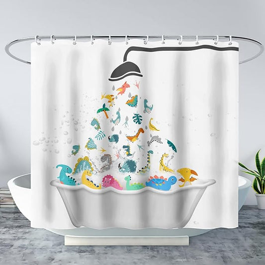 AILONEN Cute Dinosaur Shower Curtain for Kids 72" W*78" H Inch,Funny Dinosaur Animals Playing Water Shower Curtains,12 Pack Hooks Polyester Waterproof Fabric Decor for Bathroom Bathtub Panels