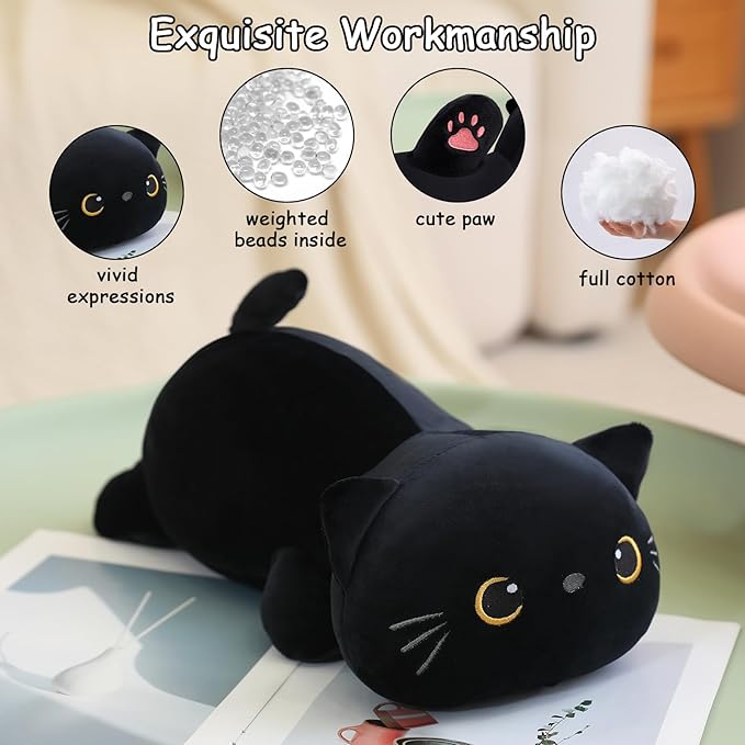SQEQE Weighted Black Cat Plush, Weighted Black Cat Stuffed Animal for Anxiety, Cute Black Cat Plushies Soft Black Cat Pillow Toy Gift for Kids Adults 9.8 Inch, 0.8 lbs