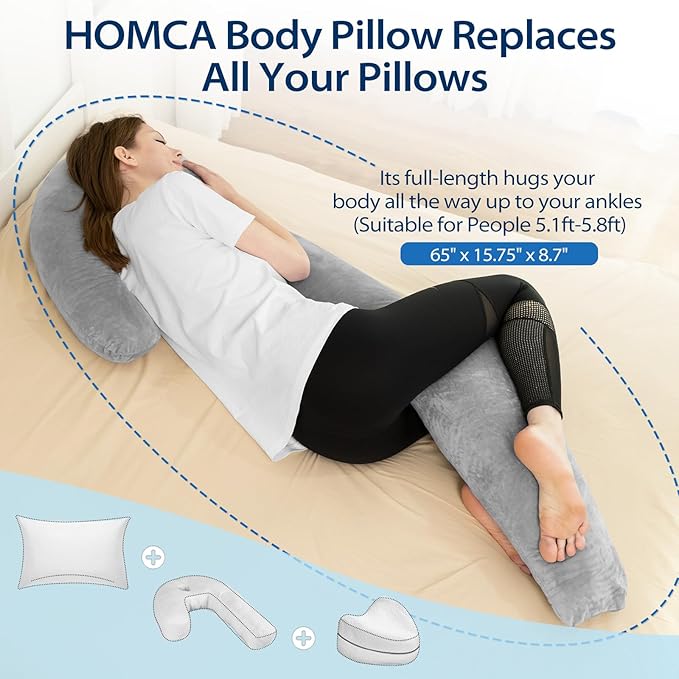 Body Pillows for Adults with Shredded Memory Foam, 65 inches Long Side Sleeper Pillow Full Body Pregnancy Pillows for Sleeping with Washable Pillowcase for Back, Hip, Knee, and Leg Relief