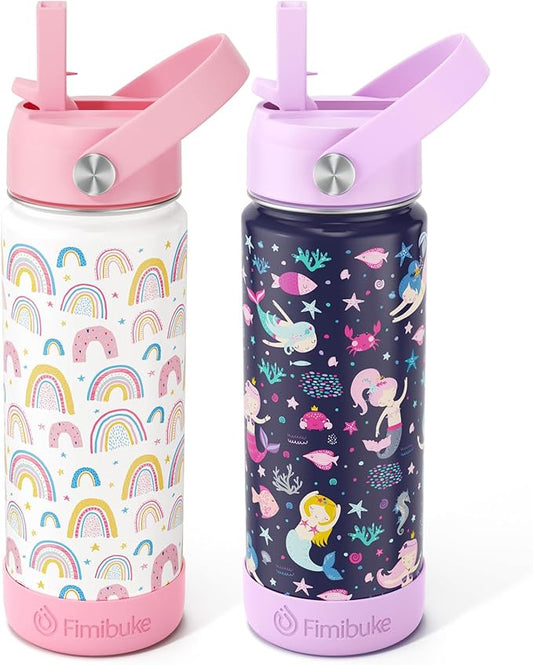 Fimibuke Insulated Water Bottle - 18oz BPA-FREE Kids Cup with Straw Double Wall Vacuum Tumbler 18/8 Stainless Steel Leak Proof Toddler Bottle for School Boys Girls (2 Pack, Rainbow/Mermaid)