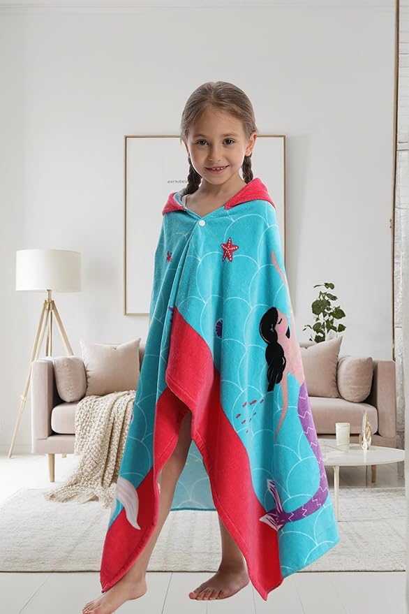 Kids Bath/Beach Towel Oversized 30" x 50" for 3 to 12 Years Boys Girls Swim Pool Cover-ups Super Soft and Absorbent Premium Cotton (ATBT-Mermaid A)