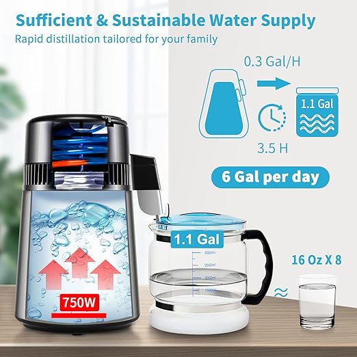VEVOR 1.1 Gal Water Distiller, 0.3 Gal/H, Distilled Water Maker Machine, 750W, 304 Stainless Steel Countertop Distiller, Glass Carafe, Cleaning Powder, Carbon Packs, Silver