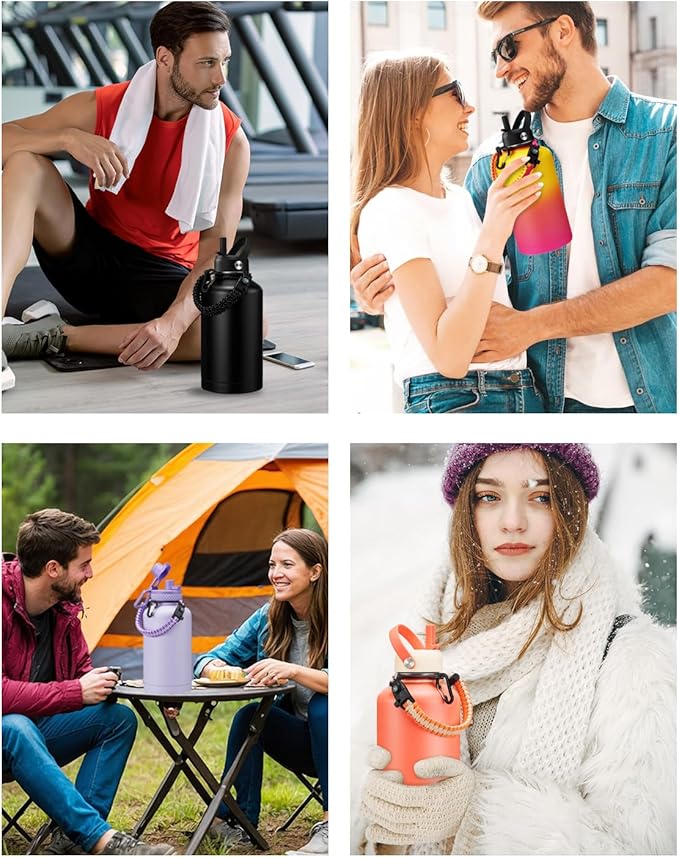 64 OZ Water Bottle Half-gallon Hydro Jug - w/Paracord Handle, Straw & Spout Lid, Carrying Pouch, 64oz Insulated Water Bottle Stainless Steel, Sports Flask Jug Triple-wall, Thermal Mug Hydro Canteen
