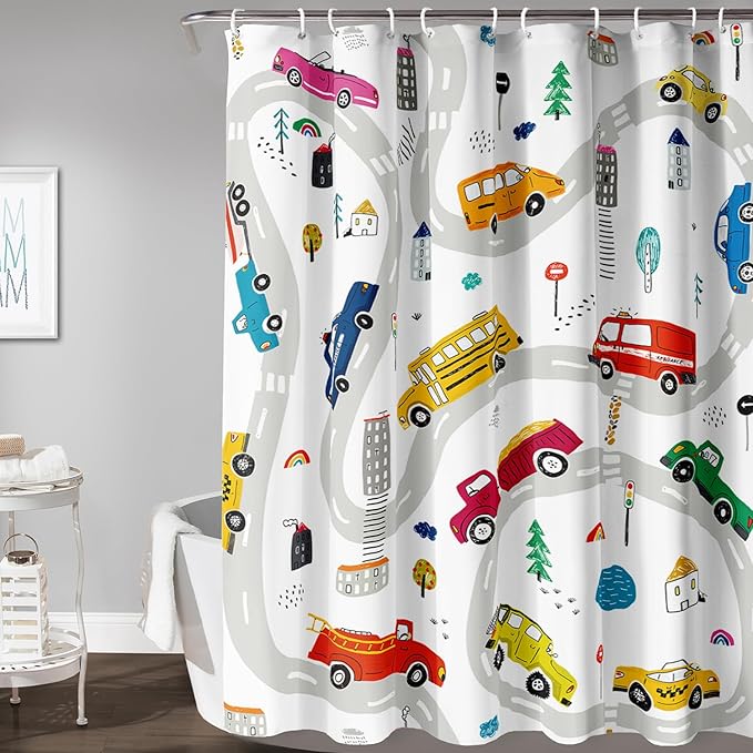 AILONEN Construction Shower Curtain, Truck Fire Engine Police Car Bath Curtain for Kids Boys,Red Yellow Blue Truck Car Bathroom Decor Waterproof Fabric 72" W*78" H Inch with 12 Plastic Hooks
