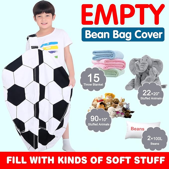 Lukeight Stuffed Animal Storage Bean Bag Chair Cover for Kids, Soccer Zipper Beanbag Chair Cover for Organizing Toddler and Kids' Rooms Plush Toys (Soccer, X-Large)