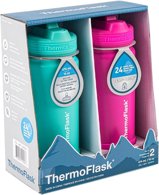 ThermoFlask 16 oz Double Wall Vacuum Insulated Stainless Steel 2-Pack of Water Bottles, Aquamarine/Storm Pink