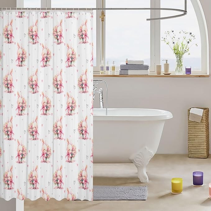 Cute Rabbits Kids Shower Curtains,Tulip Flowers Love Heart Romantic Bathroom Curtains for Girls Boys,Happy Easter Cartoon Animals Pink Kawaii Waterproof Curtains,12 Hooks Suits,72" W x 78" L