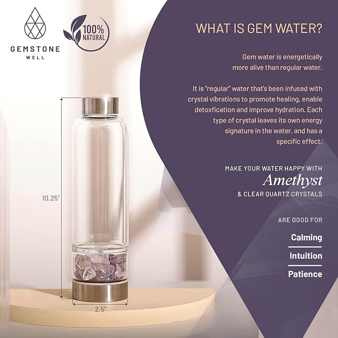 Crystal Water Bottle Elixir Set | Includes Authentic Amethyst & Clear Quartz Crystals And Healing Stones | Black Neoprene Sleeve | Drink Gem Infused Water On The Go