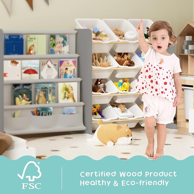 Kids Toy Storage Organizer - Toy Organizer with Kids Bookshelf, Toy Storage with 12 Toy White Bins and 4 Book Shelves, Toy Organizers and Storage for Playroom, Nursery, Kids Room, Grey