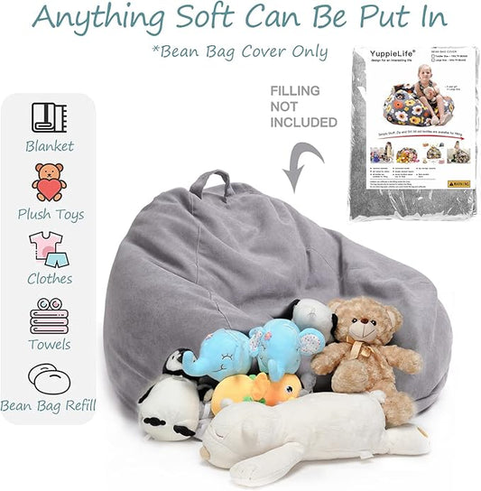 YuppieLife Stuffed Animals Bean Bag Chair Cover Candy-Colored Bean Bag(Just Cover, No Filling)/Large Stuff 'n Sit Organization/Toy Storage Bag/Kids Toys Organizer(27'',Grey)
