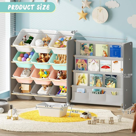 Kids Toy Storage Organizer - Toy Organizer with Kids Bookshelf, Toy Storage with 12 Toy Multi-Color Bins and 4 Book Shelves, Toy Organizers and Storage for Playroom, Nursery, Kids Room, Grey