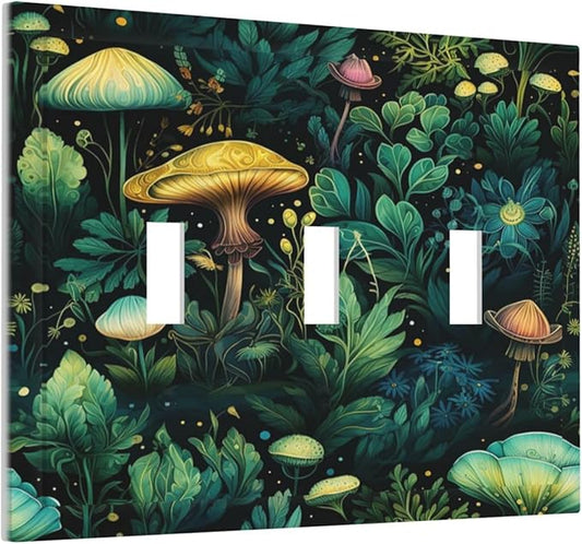 Green Dark Forest Mystical Mushroom 3 Gang Light Switch Covers Triple Toggle Wall Plate Decorative Switchplate Electrical Faceplate for Country Bathroom Bedroom Kitchen Decor