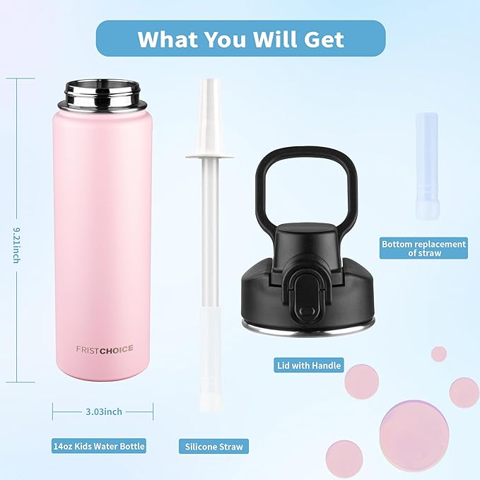 Insulated water bottle with Straw,24oz Stainless Steel Water Bottle for Adult Kids,Double Wall Vacuum Wide Mouth Insulated Water Bottle for Sports,BPA-free and Leak-proofοΌ24oz,PinkοΌ