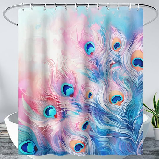 AILONEN Peacock Shower Curtain for Bathroom, Pink and Blue Peacock Feather Print Shower Curtain,Fashion Tie Dye Bath Curtain for Girls Women Waterproof 36" W*72" H