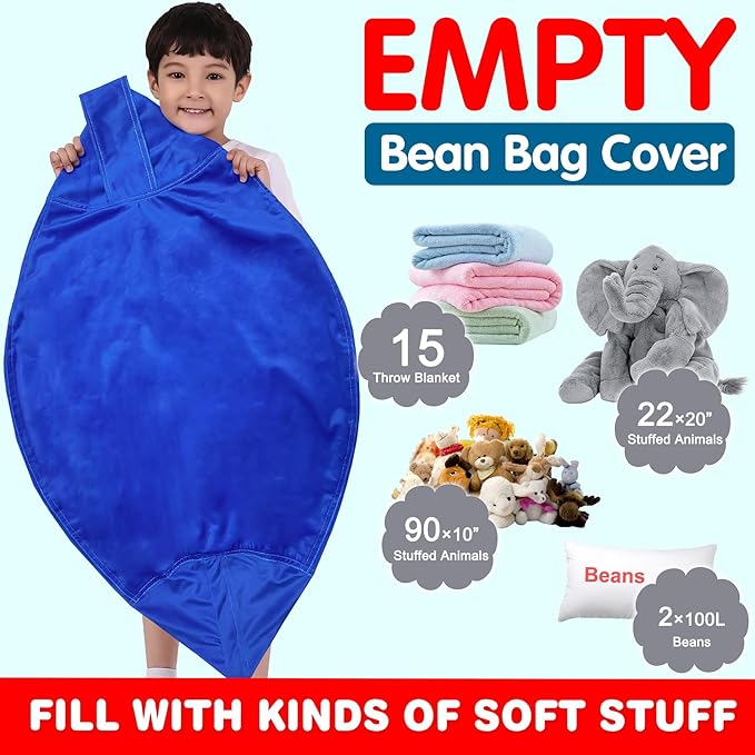 Lukeight Stuffed Animal Storage Bean Bag Chair Cover for Kids, Zipper Beanbag Chair Cover for Organizing Toddler and Kids' Rooms Plush Toys (Solid Blue, X-Large)