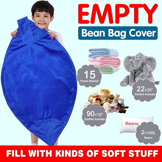Lukeight Stuffed Animal Storage Bean Bag Chair Cover for Kids, Zipper Beanbag Chair Cover for Organizing Toddler and Kids' Rooms Plush Toys (Solid Blue, X-Large)