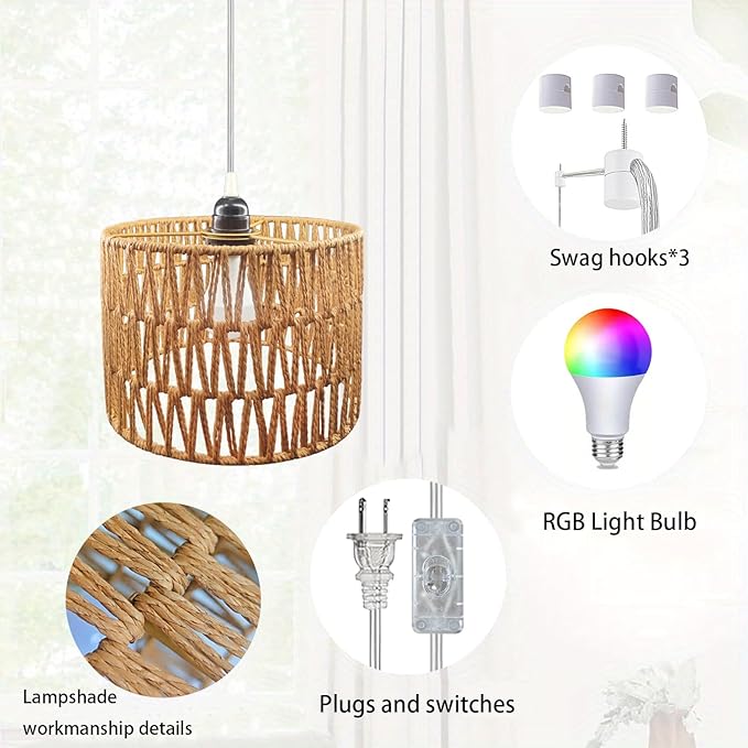 Hanging Lamp Plug in Rattan Hanging Lights with Plug in Cord, Woven Pendant Light with Smart RGB Bulb and Remote Control for Bedroom Living Room Farmhouse Kitchen (Rattan, Barrel Shade)