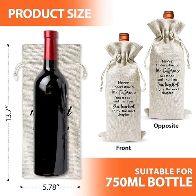 Retirement Gifts Wine Bag, Retirement Thank You Gift For Colleagues Friend Employee Boss, Never Underestimate the Difference You Make Reusable Linen Bags