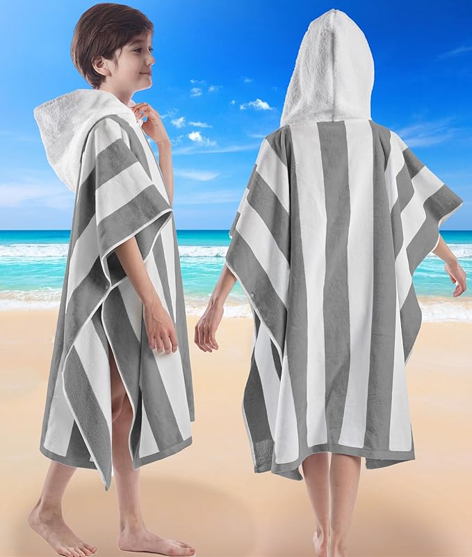VOOVA & MOVAS Big Kids Poncho Towel with Hood - Teens Hooded Pool Towel Poncho (8-16Years), Large and Absorbent Cotton - Versatile for Beach, Pool, Swim, and Bath, Grey Cabana Stripe