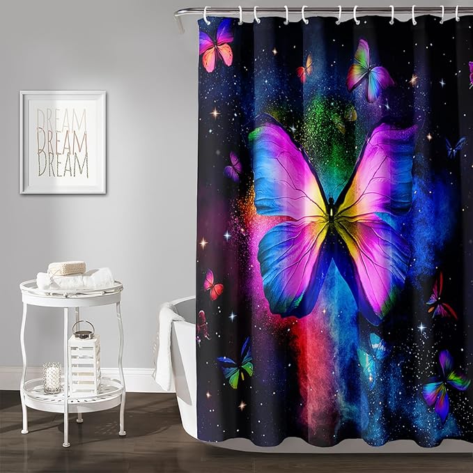AILONEN Butterfly Shower Curtain Bathroom 72" W*96" H Sparkly Colourful Butterfly Curtain Cloth Fabric Bathroom for Girls Kids,Deep Color Shower Curtain Set