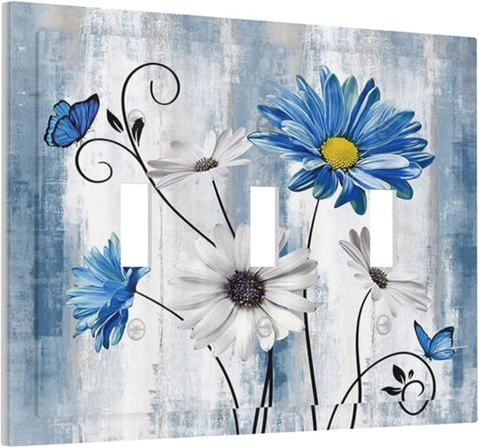 Rustic Teal Blue Daisy Floral Farmhouse 3 Gang Light Switch Covers Triple Toggle Wall Plate Decorative Switchplate Electrical Faceplate for Country Bathroom Bedroom Kitchen Decor