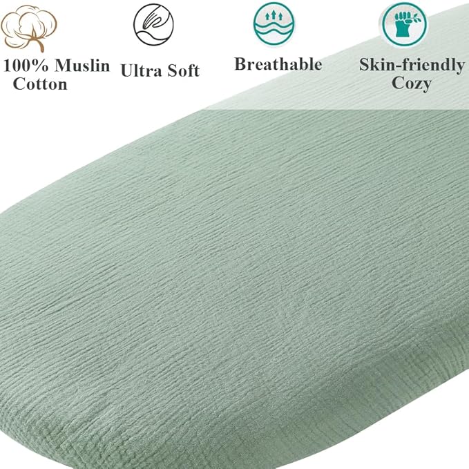 Muslin Bassinet Sheet Compatible with Graco Pack n-Play Dome LX Bassinet(not playard), 2 Pack Cotton Stylish Boho Fitted Bassinet Sheets Super Soft for Baby Roman Green & Botanical Leaf