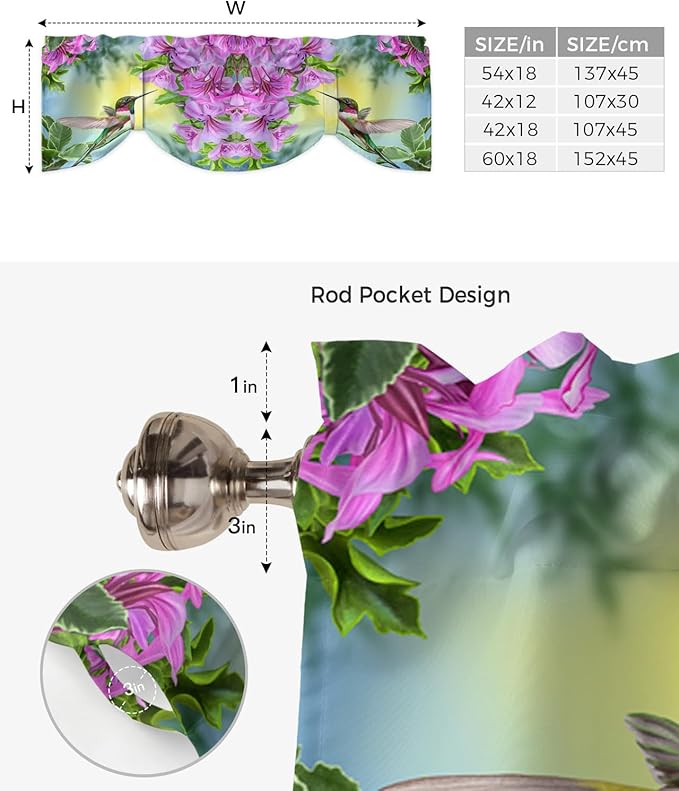 Pink Flowers Blackout Tie Up Valance Curtains for Kitchen Windows Hummingbird Window Toppers Balloon Shades for Living Room/Bathroom/Bedroom,1 Panel,54" X 18"