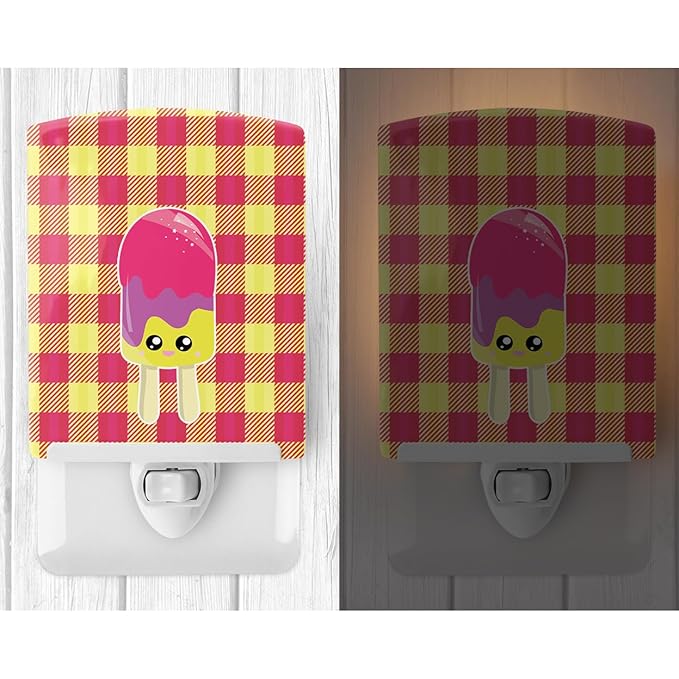 Caroline's Treasures BB7068CNL Ice Pop Popcicle Face Gingham Ceramic Night Light Compact, UL-Certified, Ideal for Bedroom, Bathroom, Nursery, Hallway, Kitchen, 6x4x3, Multicolor