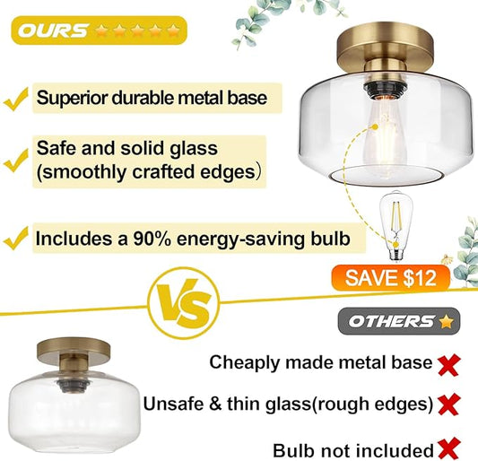 Industrial Semi Flush Mount Ceiling Light Brass, 800 Lumen LED Bulb Included, Clear Glass Shade Ceiling Light Fixture, Light Fixture for Hallway Bathroom Bedroom, Vintage Hanging Light Fixtures